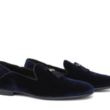 Pantofola con mappine in velluto blu scuro con fondo cuoio antiscivolo 225DRAB 1070 ROSSI 