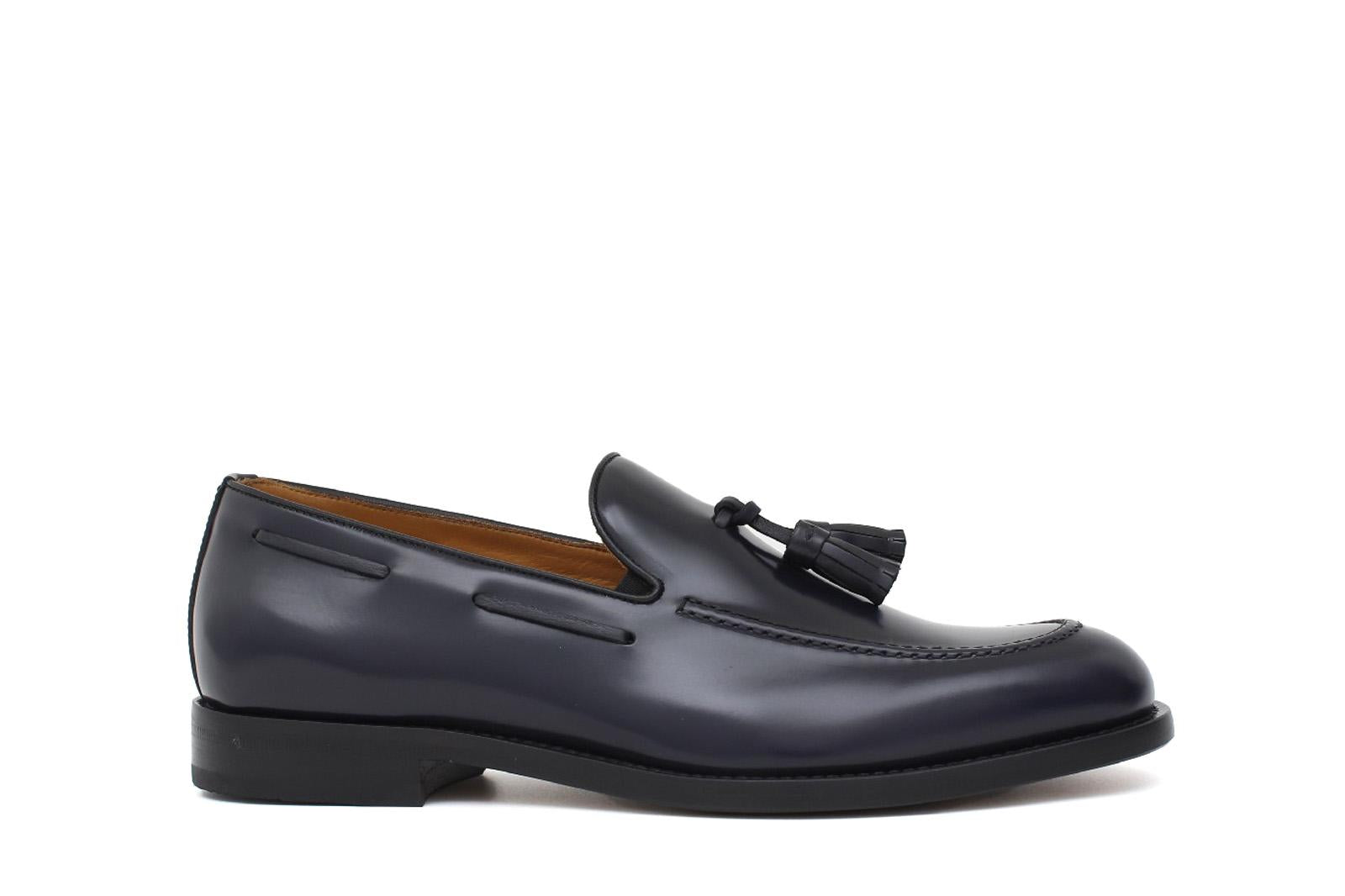 Mocassino sfoderato con mappine in vitello spazzolato blu con fondo in cuoio antiscivolo cucito blake 7637CHEB 378 ROSSI 