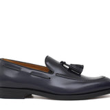 Mocassino sfoderato con mappine in vitello spazzolato blu con fondo in cuoio antiscivolo cucito blake 7637CHEB 378 ROSSI 