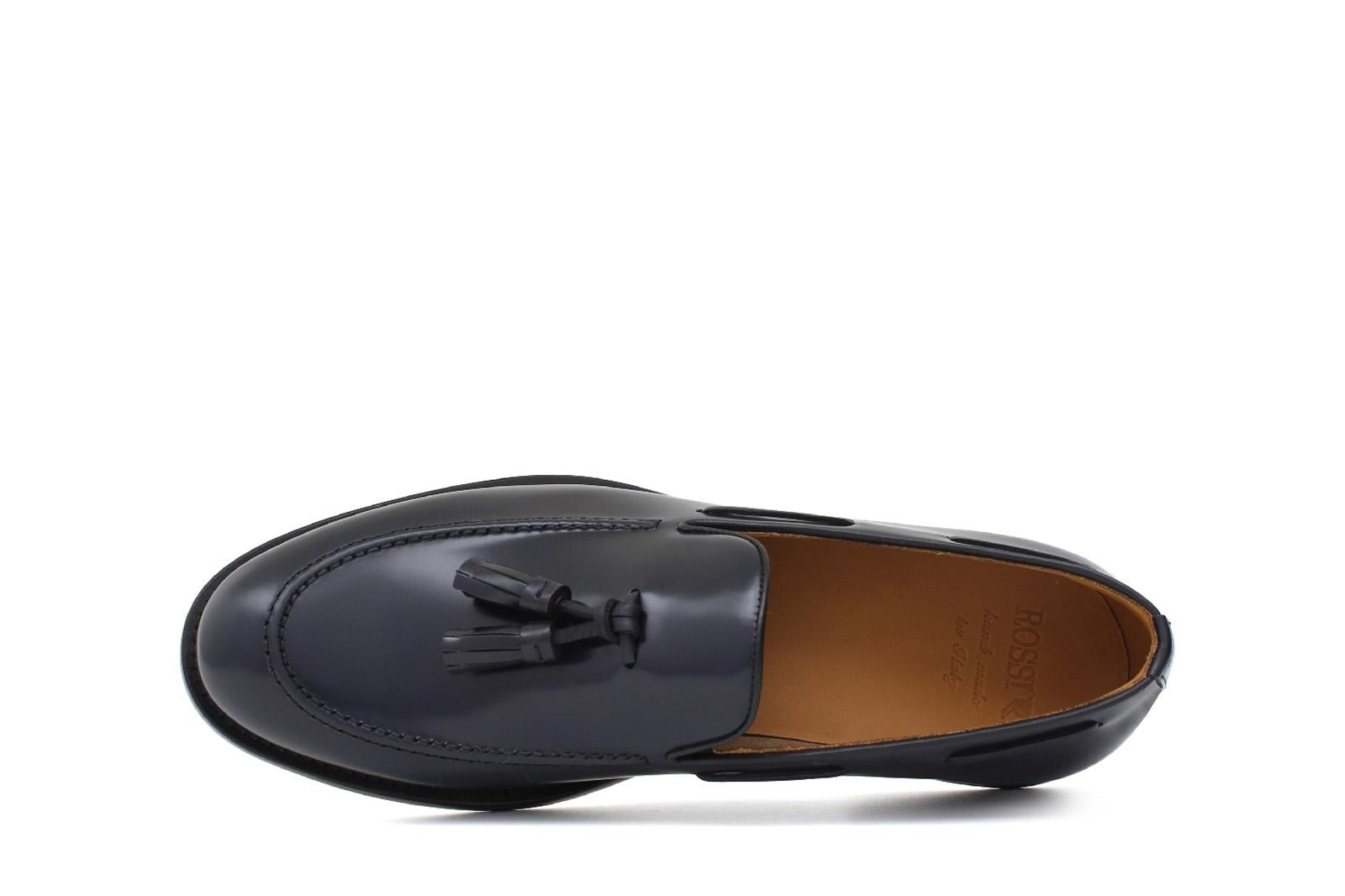 Mocassino sfoderato con mappine in vitello spazzolato blu con fondo in cuoio antiscivolo cucito blake 7637CHEB 378 ROSSI 