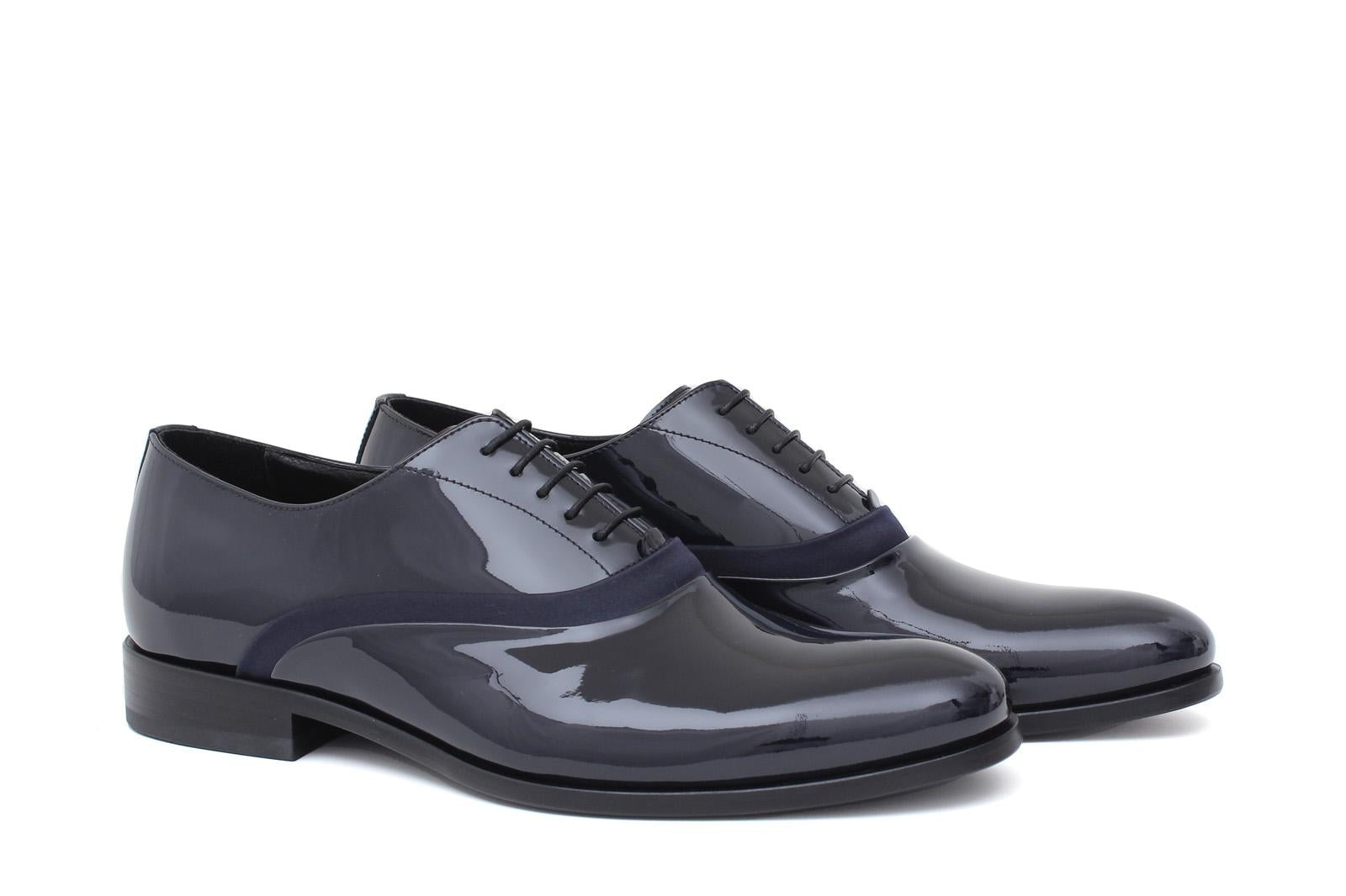 Francesina in vernice blu con riporto in raso con fondo cuoio 8618VBLU 956 ROSSI 