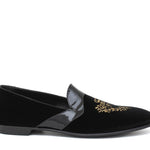 Pantofola con ricamo in velluto nero, riporto in vernice e fondo in cuoio antiscivolo 9671DRAGN 477 ROSSI 