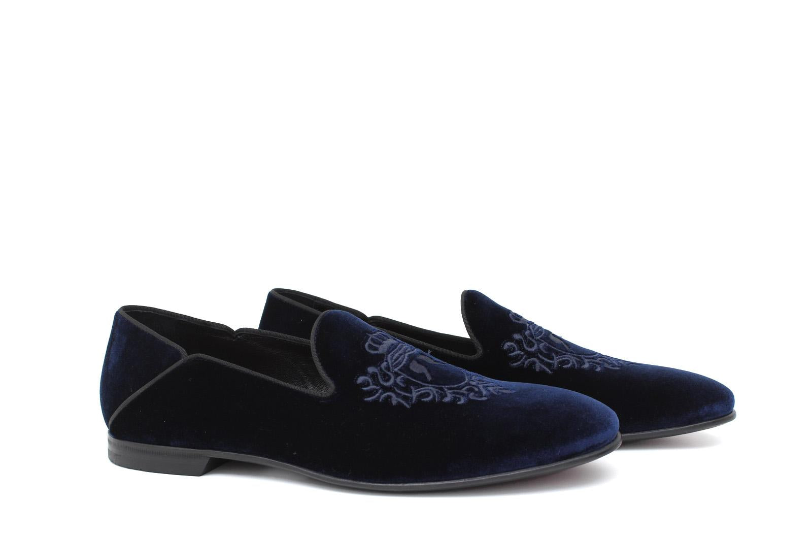 Pantofola con ricamo Rossi  in velluto blu scuro con fondo cuoio antiscivolo 225SCDBLU 11 ROSSI 