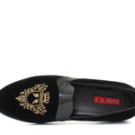 Pantofola con ricamo in velluto nero, riporto in vernice e fondo in cuoio antiscivolo 9671DRAGN 477 ROSSI 