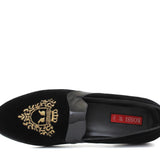 Pantofola con ricamo in velluto nero, riporto in vernice e fondo in cuoio antiscivolo 9671DRAGN 477 ROSSI 