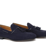 Mocassino a sacchetto intero in camoscio blu e fondo in cuoio antiscivolo cucito blake 266FBLU 1107 ROSSI 