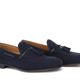 Mocassino a sacchetto intero in camoscio blu e fondo in cuoio antiscivolo cucito blake 266FBLU 1107 ROSSI 