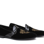 Pantofola con ricamo in velluto nero, riporto in vernice e fondo in cuoio antiscivolo 9671DRAGN 477 ROSSI 