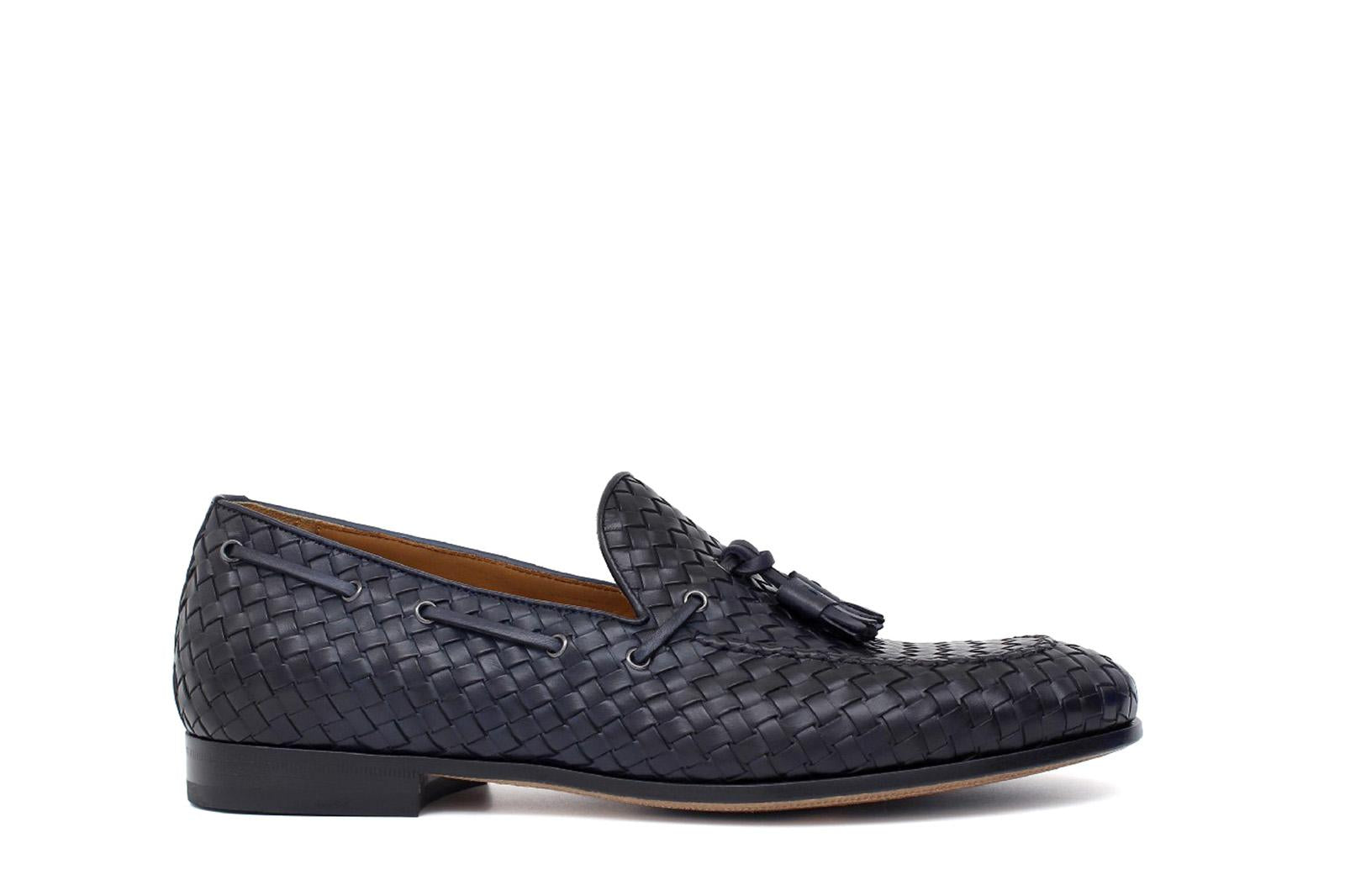 Mocassino a sacchetto intero intrecciato nel colore blu sfumato con fondo cuoio antiscivolo 265VITCBL 518 ROSSI 