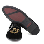 Pantofola con ricamo in velluto nero, riporto in vernice e fondo in cuoio antiscivolo 9671DRAGN 477 ROSSI 