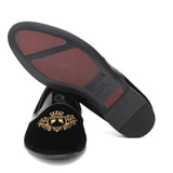 Pantofola con ricamo in velluto nero, riporto in vernice e fondo in cuoio antiscivolo 9671DRAGN 477 ROSSI 
