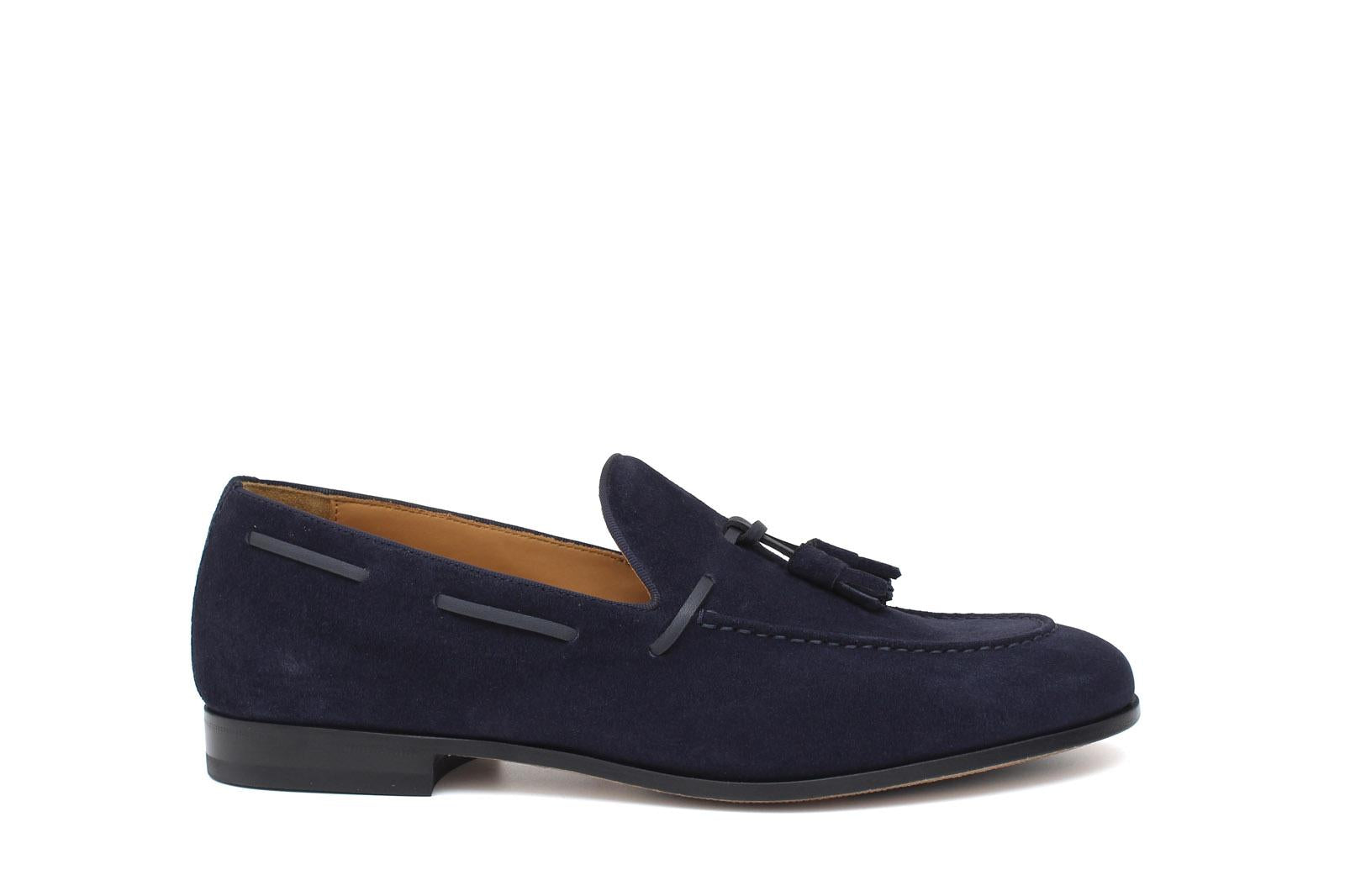 Mocassino a sacchetto intero in camoscio blu e fondo in cuoio antiscivolo cucito blake 266FBLU 1107 ROSSI 