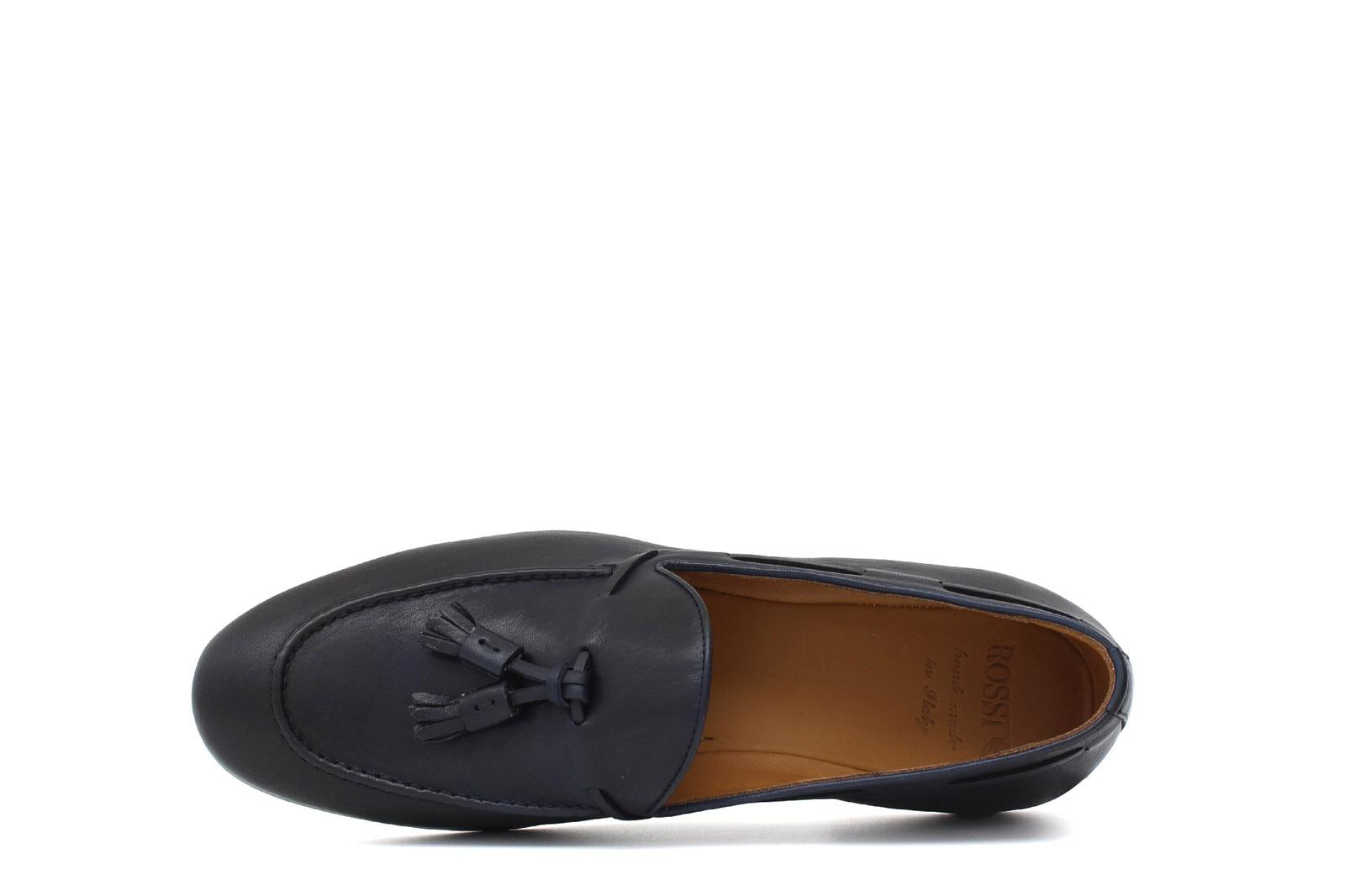 Mocassino con mappine a sacchetto intero in vitello naturale blu con fondo cuoio antiscivolo cucito 8683MADBLU 1029 ROSSI 