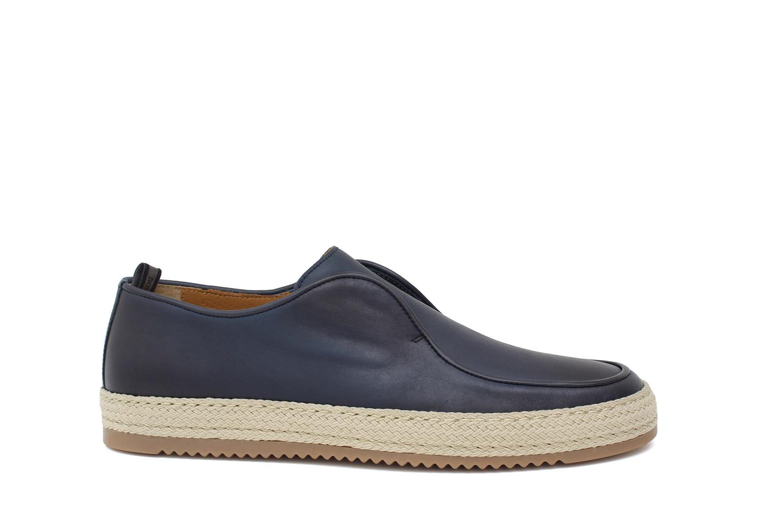 Slip on in vitello naturale blu  sfumato con fondo in gomma intrecciato 1093DBLU 17 ROSSI 