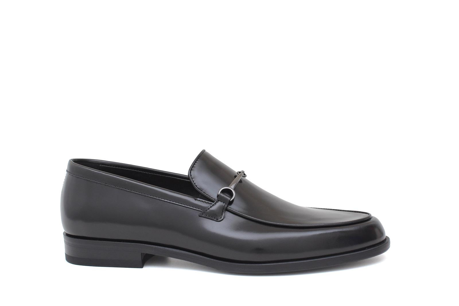 Mocassino con accessorio in vitello spazzolato nero con fondo in cuoio 1416TNE 628 ROSSI 