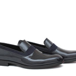 Mocassino in vernice blu con riporti in raso con fondo cuoio antiscivolo 246CGVB 124  UN ROSSI 