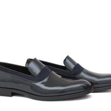 Mocassino in vernice blu con riporti in raso con fondo cuoio antiscivolo 246CGVB 124  UN ROSSI 